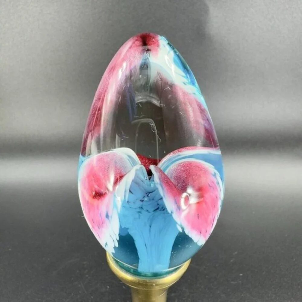 Vintage 1995‎ GES Glass Eye Studio Egg Shape Paperweight On Brass Stand Figure